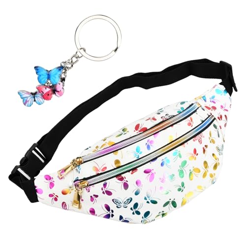 Wisebom Bauchtasche für Kinder, Mädchen Gürteltasche mit Schmetterlings Anhänger, Multifunktionale Tailletasche, PU Leder Bunt Hüfttasche mit Verstellbarem Gurt für Reisen Party Wandern (Weiß)