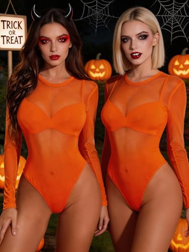 Image of Avidlove Womens Mesh Long Sleeve Bodysuit Round Neck Sheer Leotards Geo Print Bodysuit Top with Snap Crotch