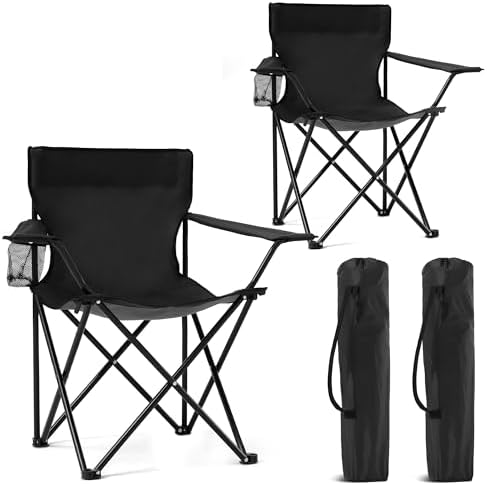 2 Pack Portable Camping Chairs Folding Lawn Chair Outdoor Lightweight Beach Chair with Cup Holder & Carry Bag for Outside Sports, Fishing, Hiking, Travel, Picnic, Backyard (Black)