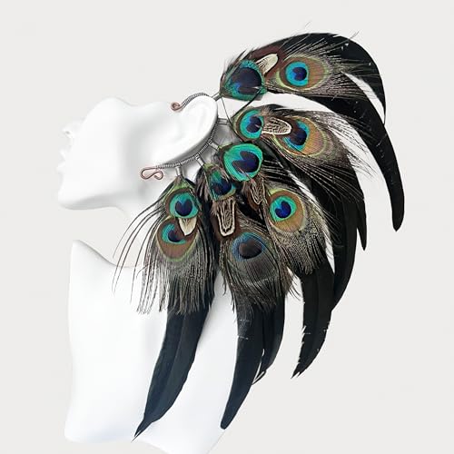 Peacock Feather Handmade Ear Cuff,peacock feather earrings,wedding ear cuff,Festival earrings,Long peacock feathers,Tribal,Natural feathers(A pair)2
