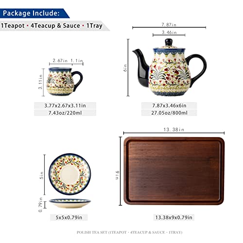 Onecci Polish Pottery Style Porcelain Ceramic 10 Piece Tea Set,7.2Oz Tea Cup And Sauce Set Of 4,28.2Oz Teapot And 1Wooden Tray. (The Tulip) #TOP1