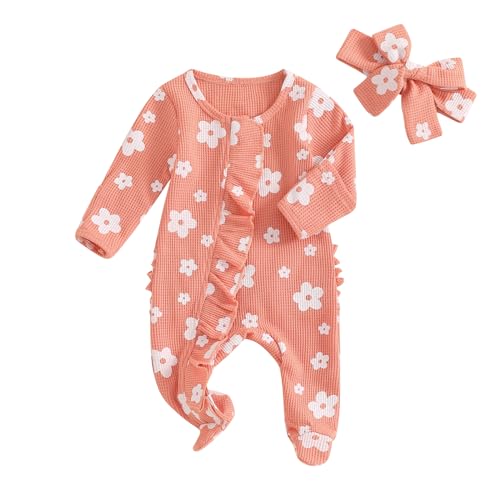Image of Ayalinggo Newborn Baby Girl Fall Winter Outfits Clothes Knit Jumpsuit Ruffle Romper Newborn Coming Home Outfit for Baby Girl