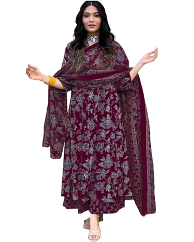 Image of GoSriKi Women's Rayon Viscose Anarkali Printed Kurta with Palazzo & Dupatta