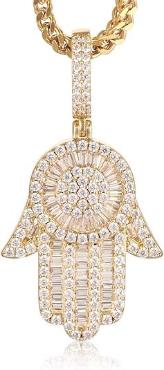14K Gold Plated Micro Full Iced CZ Out Hamsa Hands Pendant with 24