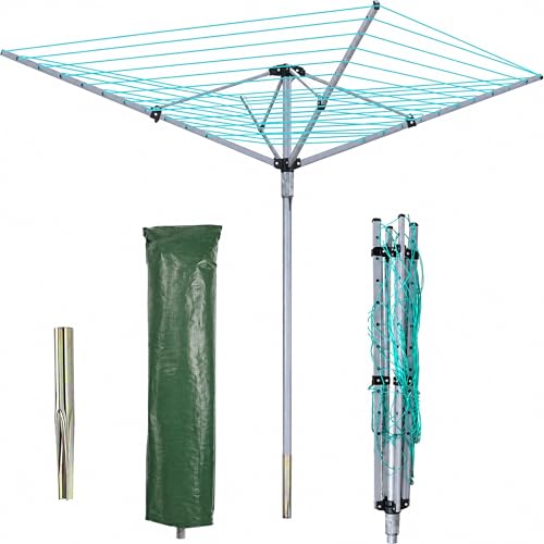 HMIR Robust Heavy-Duty Rotary Clothes Airer - 60m Portable Washing Line with Metal Spike - Outdoor Clothes Dryer for Garden