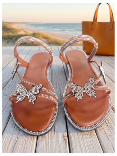 Image of OYOANGLE Women's Silver Rhinestone Sandals Sparkly Dressy Flat Sandals