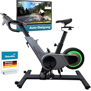 Skandika Spinning Bike Indoor Kliva 500-S | Heimtrainer Fahrrad SMART mit LED, Steigung in 16 Stufen, Magnetbremse mit 32 Stufen, 3 Programme, Bluetooth Kinomap App kompatibel, bis 150 kg, Speedbike