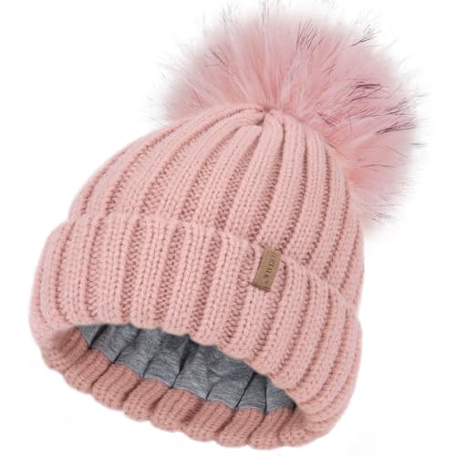 FURTALK Kleinkind Beanie Baumwollfutter Bommelmütze mit Kunstpelz Ball...