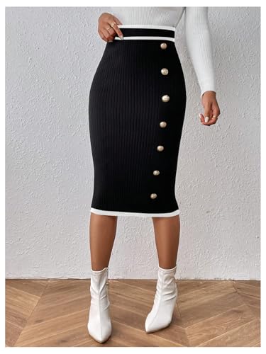 MakeMeChic Women's Ribbed Knit Contrast Binding Midi Skirt Button Bodycon Skirts4