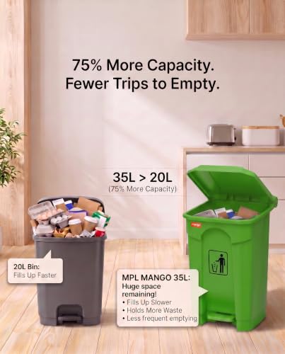 Image of pedal dustbin with lid, heavy duty plastic garbage bin, hands-free step-on waste bin for kitchen, office, home, hotel, bathroom & outdoor use (Citrus Green, 35 Liters)