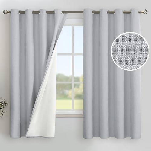 Image of YoungsTex Grey Linen 100% Blackout Curtains 63 Inch Length for Bedroom, Full Room Darkening Grommet Thermal Insulated Drapes, 2 Panels, 52 X 63 Inch