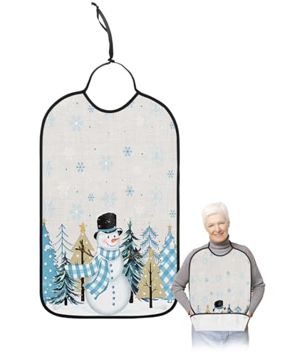Jolunifun Christmas Adult Bib for Adults Men, Women, Washable & Adjustable Terry Cloth Bib with Crumb Catcher Reusable Waterproof Clothing Clothes Protector Apron Blue Snowflake Snowman Plaid Tree