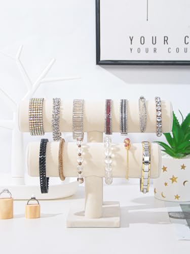 Coward Armbandhalter mit 2 Ebenen, Schmuckständer, für Halsketten, Armreifen, Armbänder, Uhren, Organizer, Aufbewahrungsregal, Schmuck-Show-Turm für Damen, beigefarbener Samt