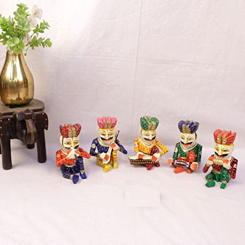 Gaura Art & Crafts Wooden Handpainted Rajasthani Babla Musical Man Set of 5 pc.for Home Office,Hotel Decorative Items Gifts Items Showpiece