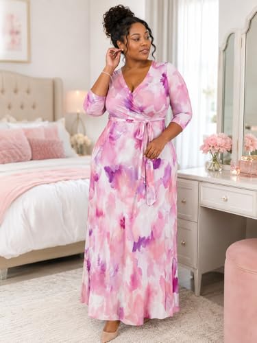 Image of Women's V Neck Floral Maxi Dress 3 /4 Sleeve Plus Size Boho Wrap Flowy Long Dresses with Belt