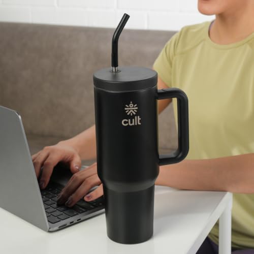 Image of Cult 1200ml Stainless Steel Insulated Tumbler with Handle, Straw & Cleaner Double Wall Vacuum Bottle for Hot & Cold Drinks Leakproof Travel Mug Reusable for Gym, Office & Travel Black