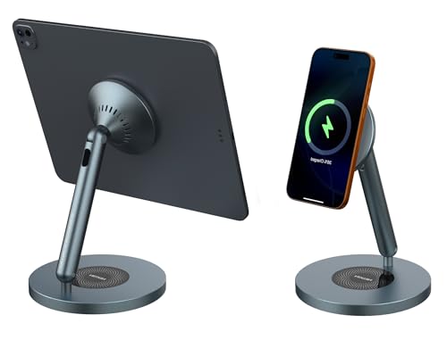 Nillkin Magnetic iPad Stand for Desk, MagSafe Wireless iPhone Charger Stand, 360° Rotating Base, Adjustable Aluminum Tablet Holder for Work, Office, Home, Kitchen Use