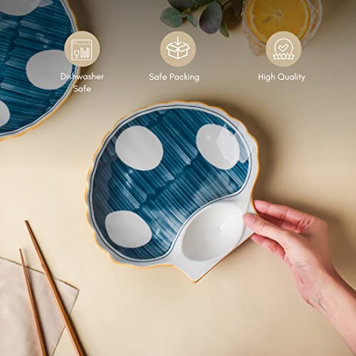 Image of Nestasia Set of 2 Ceramic Shell-Shaped Snack Plate with Dip Section for Chutney | Microwave & Dishwasher Safe Starter Plates | Perfect for Fries, Momos, Sushi, Kebab (White & Blue)