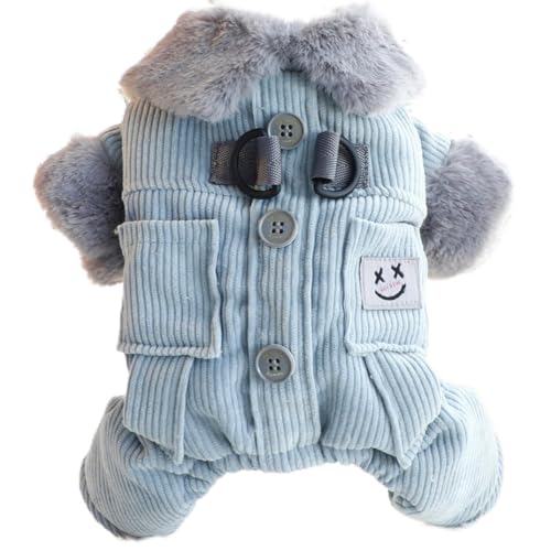 ISUPY ペット服 犬用ロンパース つなぎ ボア付き 犬服 ジャケット ダウン Dカン付き ドッグウェア パーカー 散歩 お出かけ 小型犬 中型犬 子犬 冬服 防寒 暖かい 脱毛保護 ペット用品 (M,ブルー)