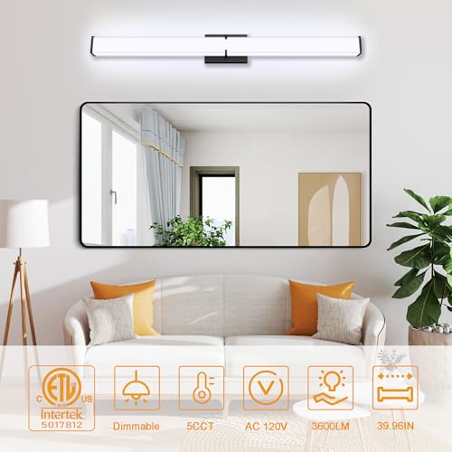 Image of Bathroom Light Fixtures: 40 Inch ETL Certified LED Bathroom Vanity Light 5000K Cool White 40W 3600LM - Modern Black Vanity Light Dimmable with Clear Shade - Bathroom Lighting Fixtures Over Mirror