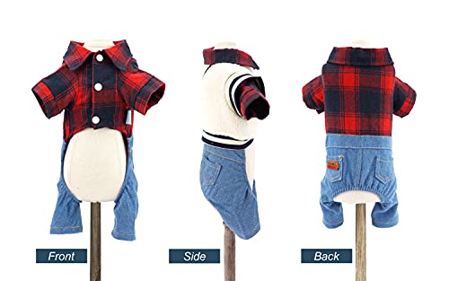 Hooddeal Dog Clothes Plaid Dog Shirt Dog Outfit Overalls Jeans Jumpsuit With Warm Sweater Vest Two-Piece Cool Puppy Clothes For Small Dogs Boy (Small, Red-Black) #TOP2