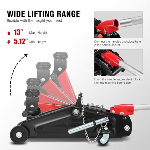 Image of DNA Motoring Floor Jack with Socket and Lock, Low Profile Hydraulic Trolley Jack for Cars Lift, 2 Ton (4000 lbs) Capacity, Lifting Range 5.12 inch-13 inch, Red, TOOLS-00677-RD