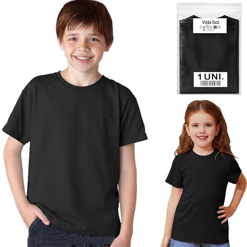 Vida Sol T-shirt infantil 100% algodão, unissexo, manga curta, gola redonda, 1 unidade, macia e respirável, design básico e confortável, ideal para uso diário, tamanhos 5-6 anos, preto, XS
