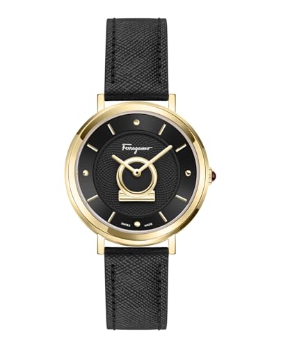 Ferragamo Minuetto Collection Luxury Womens Watch Timepieces with a Black Strap and Dial Featuring a Gold Case