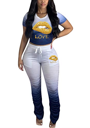 Casual impresión de manga larga crop top Sets para las mujeres 2 piezas trajes de cintura alta plisado pantalones de entrenamiento - Azul - XXXL