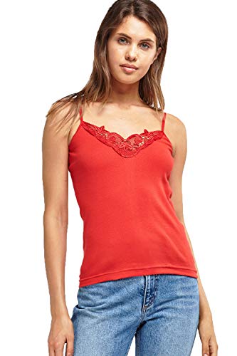 Maria Angel - Canottiera da donna, tinta unita, in cotone, con bordo in pizzo, con spalline (1000) Rosso 50-52