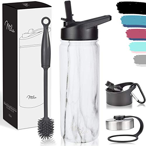 Milu Botella de Agua, 500ml, 750ml, 1000ml (+3 Tapas) - Acero Inoxidable, Libre BPA, Para Bebidas Calientes, Frías y Carbonatadas (Mármol, 500ml)