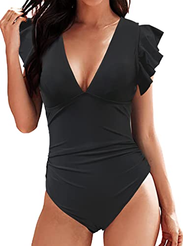 Traje de Baño de Una Pieza para Mujer con Cuello en V y Volantes Bañadores Volantes Fruncido Reductores Barriga Monokini Verano Playa Bañador Entero(Negro,XXL)