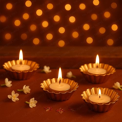 Image of The Purple Tree Lumina Gold Tealight Candle Holders for Diwali Decoration | Pack of 4 Premium Metal DiyaTealight Holders | Festive Home Decor, Wedding, Puja, Party & Gifting, Diwali Floral Diyas