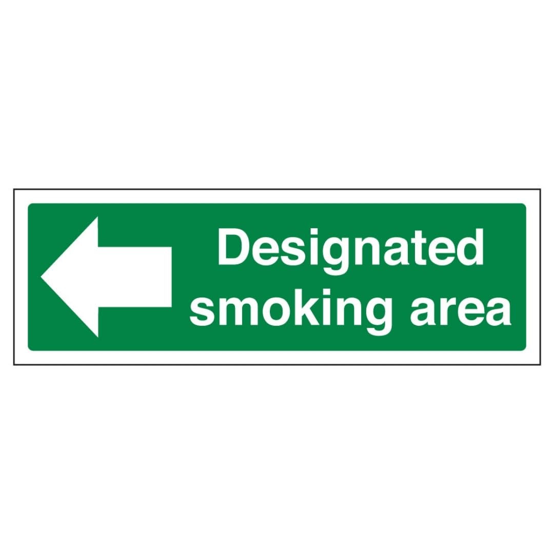 V Safety Designated Smoking Area Arrow Left - Landscape 300 x 100 mm - 2mm Super-Tough Rigid Plastic Safety Sign