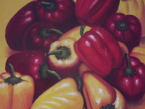 Peinture poivrons huile sur toile tableau nature morte cuisine 50x61