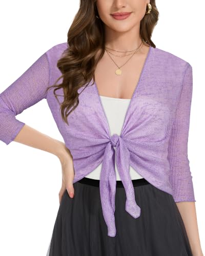 Image of Women Crop Cardigan Sheer Mesh Bolero Shrug for Dress Tie Front 3 /4 Sleeve Tops