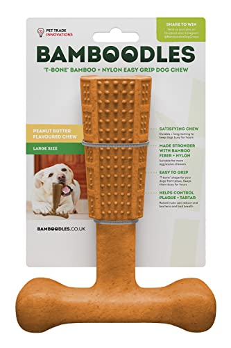 Bamboodles T-Bone Dog Chew Toy – Large | Peanut Butter Flavour | Long Lasting Dog Chew Stick for Large Breeds | Durable Natural Chew Toy to Help Satisfy Power Chewers
