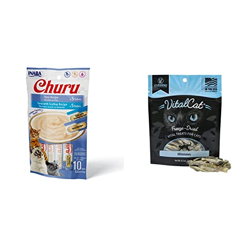 Inaba Churu Cat Treats, Grain-Free & Taurine, 0.5 Ounces Each Tube, 10 Tubes Total/Two Flavors, Tuna Variety & Vital Essentials Freeze Dried Cat Treats, Minnows 0.5 Oz #TOP11