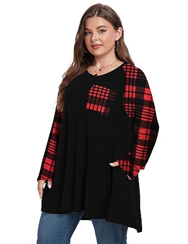 OVERWORETY Long Sleeve Raglan Plus Size Tunic Tops for Women Color Block Knit Pullover Fall Shirts with Pockets2