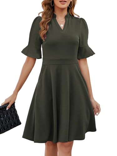 Image of Mokayee Womens Summer V Neck Ruffle Short Sleeve Fit and Flare Knee Length Church Wedding Guest Dresses with Pockets