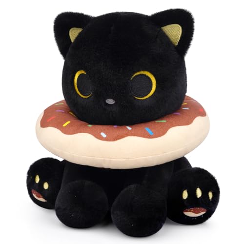 Image of Black Cat Plush, 8inch Donut Black Cat Stuffed Animal Cute Plushies Toys for Girls Boys, Kawaii Kitten Plushie for Kids Adult, Birthday