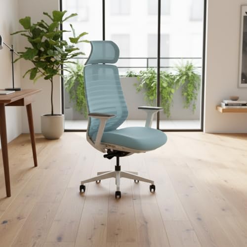 Image of Model 11 Ergonomic Chair with Headrest | Italian Donati Tilt, Breathable Mesh, Seat Depth, Lumbar & Tension Adjustment | Adjustable Armrests & WFH Chair | Blue | Nylon | 7-Year Warranty