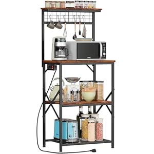 Furologee Kitchen Bakers Rack with Power Outlet, Microwave Oven Stand with Storage 4 Tiers, Coffee Bar Table with 6 S Hooks, Kitchen Storage Shelf Rack for Spices, Pots, Rustic Brown