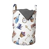 Lunarable Alice in Wonderland Laundry Bag, Cupcakes Mushrooms and Bottles Hanging in Sky Dessert Print, Hamper Basket with Handles Drawstring Closure for Laundromats, 13" x 19", Multicolor