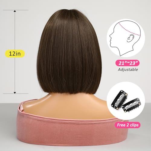 OUFEI Brown Bob with Highlight Inside Wig With Bangs Short Straight Wig For Women Synthetic Hair Wigs for Daily Party Cosplay Wear - Image 4