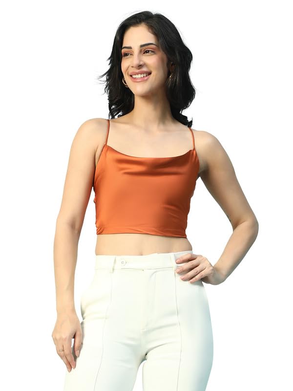 oxolloxo Women Round Neck Shoulder Strap Sleeveless Satin Crop Top