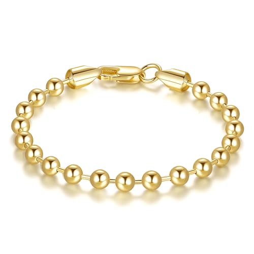 14K Gold Bracelets for Women Bracelets for Men Simple 5mm Bead Ch...
