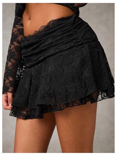 Floerns Women's Y2k Mini Skirts Mid Waist Sheer Lace Date Night A Line Skirts4