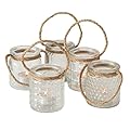 Whole House Worlds Beach Chic Nautical Rope Hurricane Lamps, Clear Glass Candle Holder, for LED or Wax Votive, Pillar or Tealights, Wind Light, Set of 5, 2 3/4 x 2 3/4 x 3 1/2 Inches