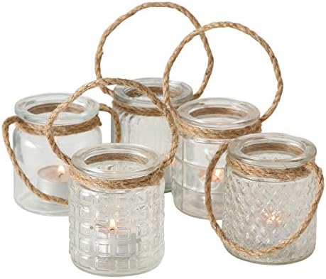 Whole House Worlds Beach Chic Nautical Rope Hurricane Lamps, Clear Glass Candle Holder, for LED or Wax Votive, Pillar or Tealights, Wind Light, Set of 5, 2 3/4 x 2 3/4 x 3 1/2 Inches